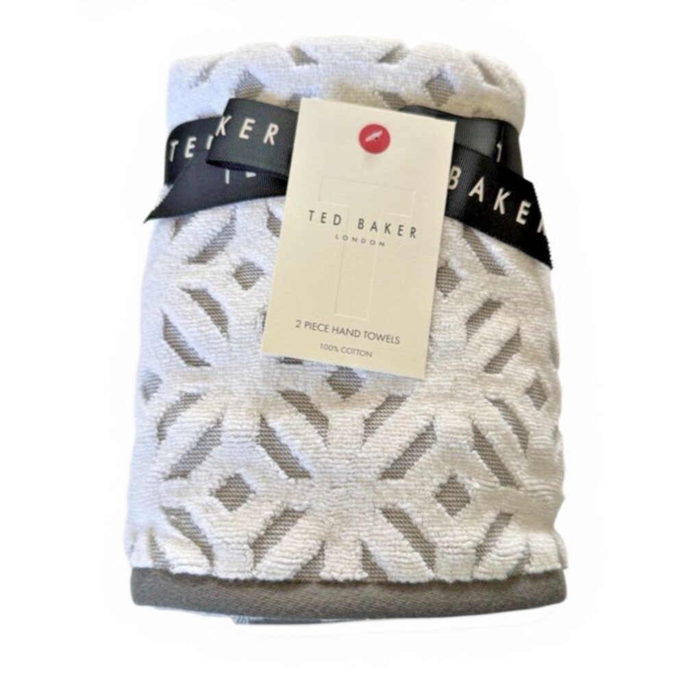 Ted Baker London Hand Towels Luxury White Gray 100% Cotton Set of 2 Textured